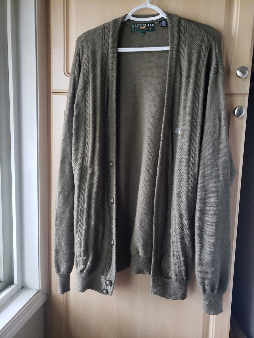 Crocodile Wool Olive Green Cable-Detail Men's Cardigan